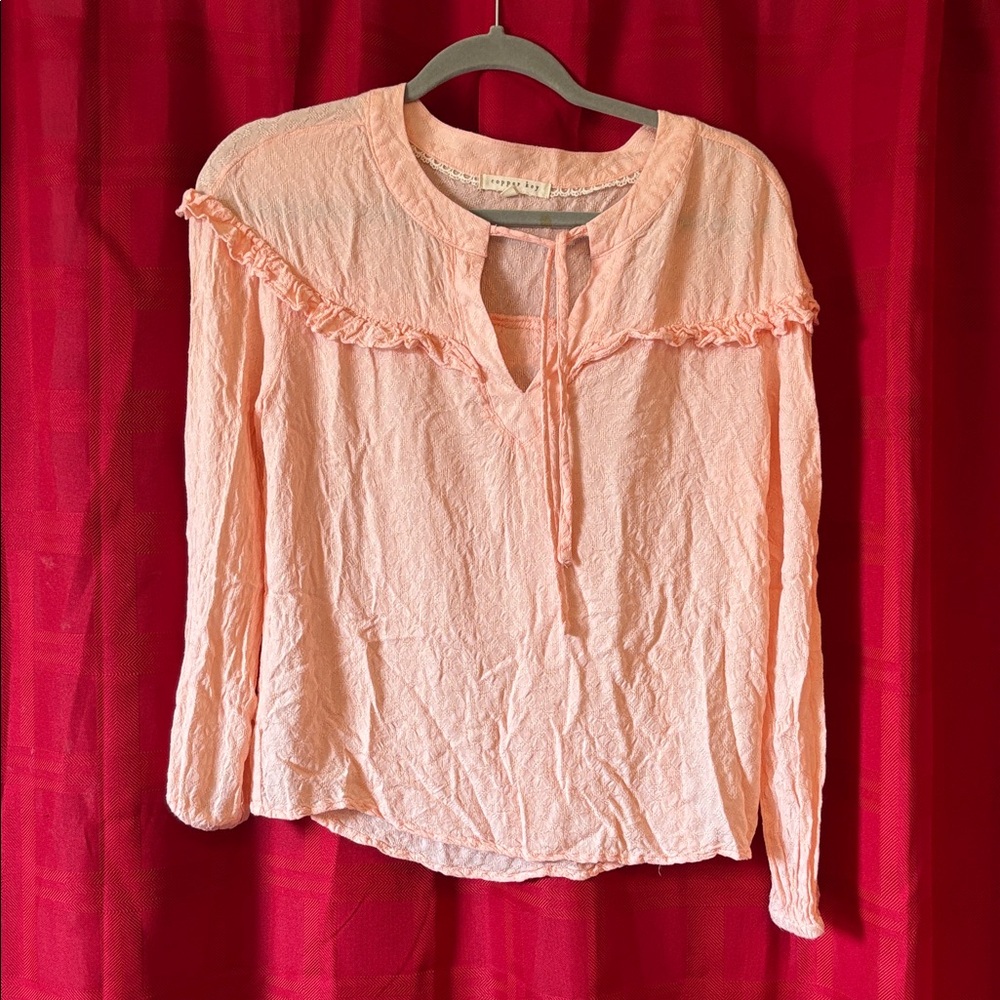 Copper Key Peach Ruffle Yoke Peasant Blouse